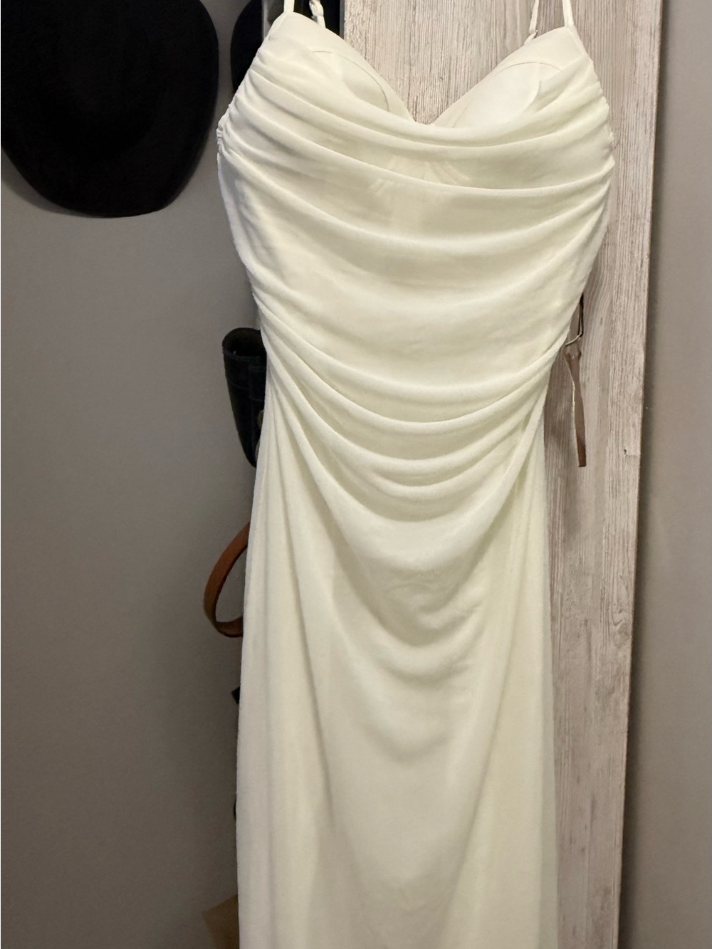 Elegant White Draped Spaghetti-Strap Dress